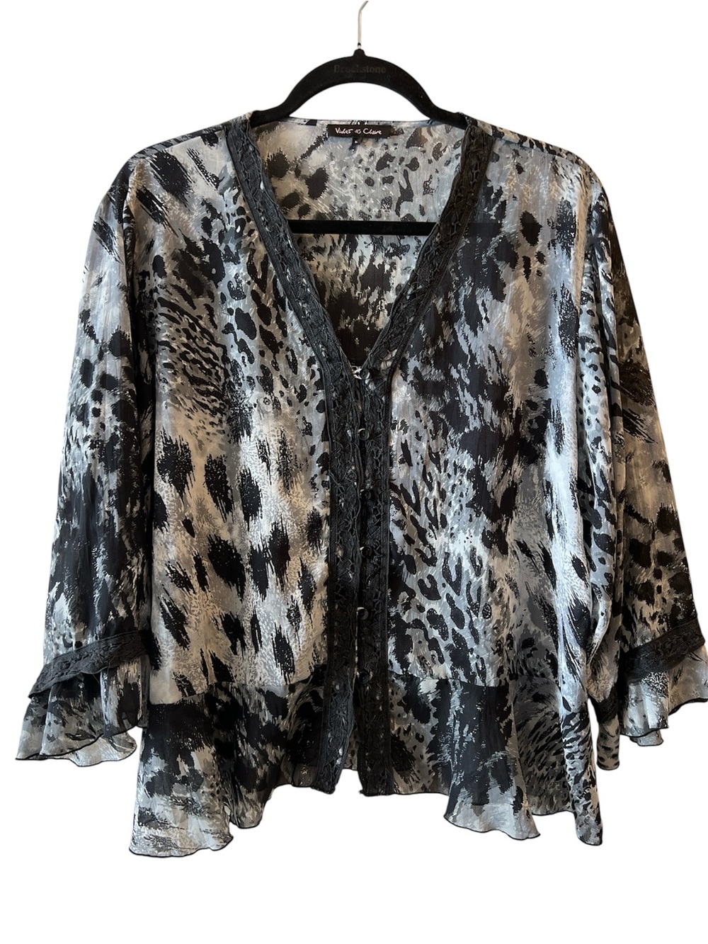 Violet & Claire Black and Gray Animal Print Sheer Top Blouse